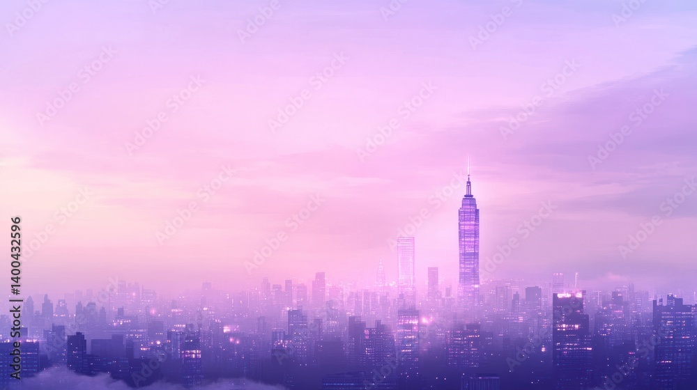 Fototapeta premium Purple city skyline at dawn, hazy cityscape with tall skyscraper.