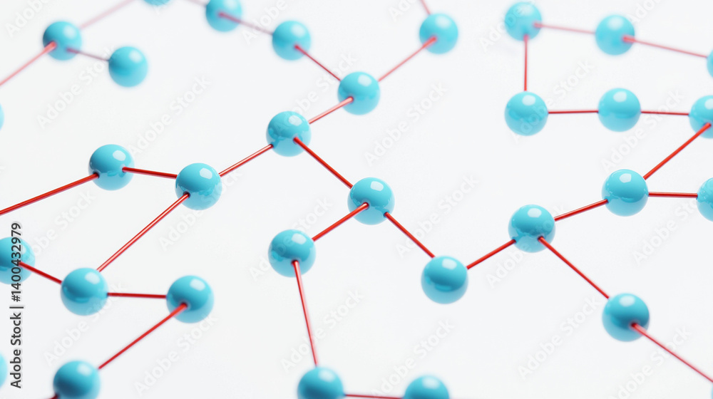 3D rendering of a molecular structure made up of small blue spheres connected by red lines. 3D rendering of a molecular structure made up of small blue spheres connected by red lines.