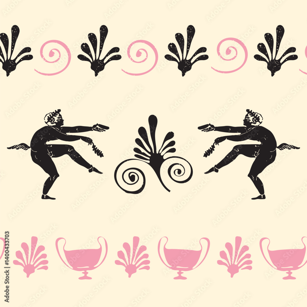 Antike Figuren mit Ornamenten in Schwarz und Rosa im griechischem Stil. Vektorgrafik. Handgezeichnet

