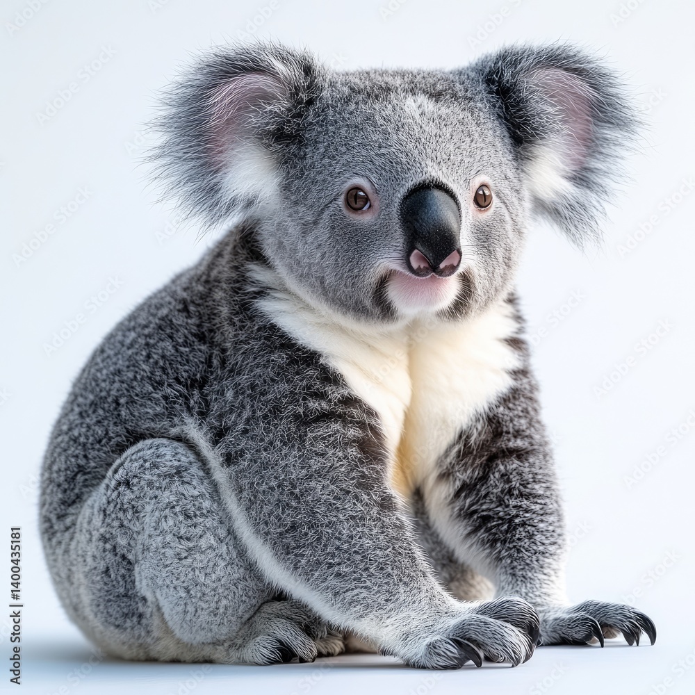 Naklejka premium Adorable koala, sitting calmly against a plain background. A young, fluffy, gray and white marsupial, with large ears and a soft expression