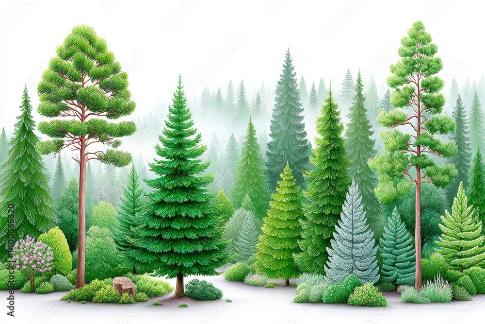 Obraz premium Watercolor painting of peaceful pine forest in early morning fog