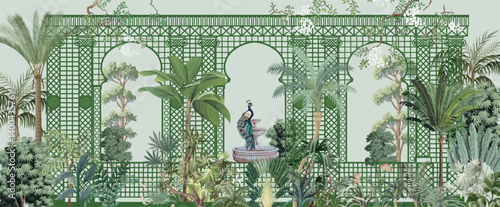 Decorative Wall Mural Design, Lattice Wall Design, Garden Wall Mural Design, Peacock, Tropical Plants.