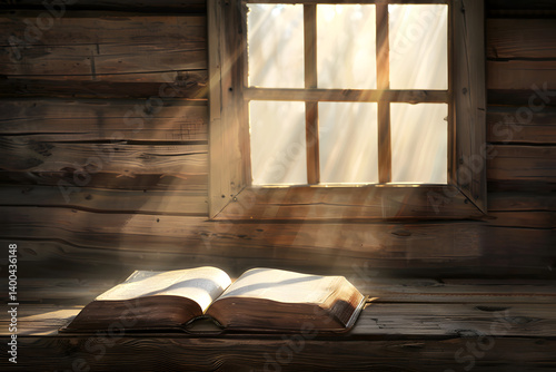 Open Bible on a wooden table with soft sunlight coming through a window