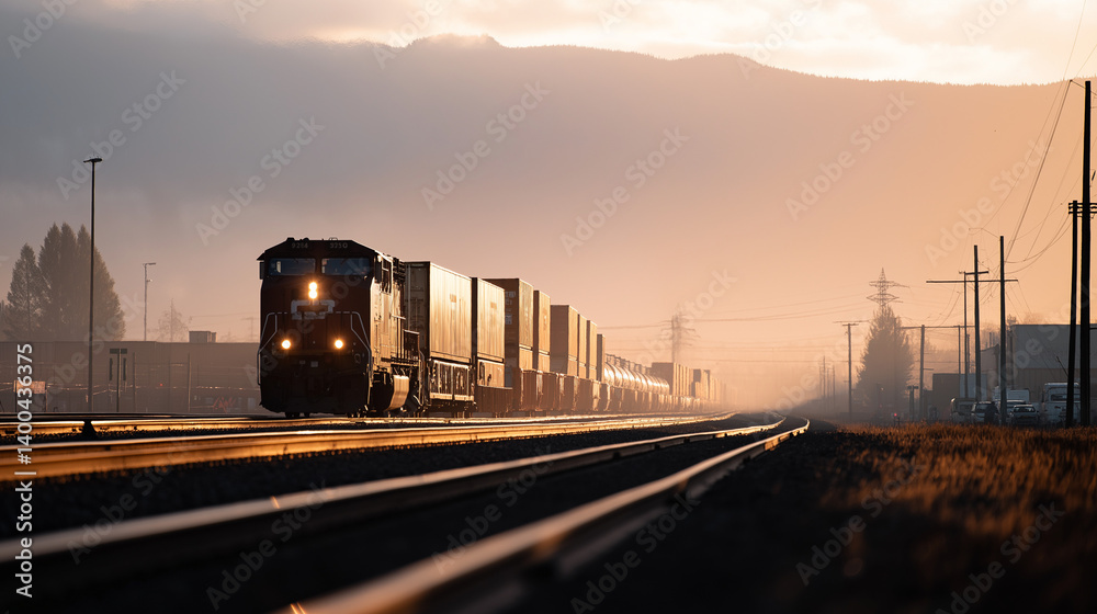 Fototapeta premium Freight train powering through a vast landscape with cargo