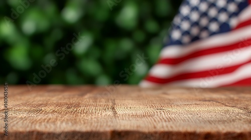 Wooden tabletop with blurred american flag background