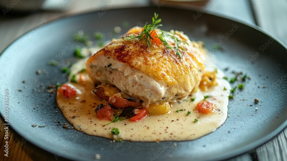 Baked fish fillet with creamy sauce and vegetables on a dark plate. Baked fish fillet with creamy sauce and vegetables on a dark plate.