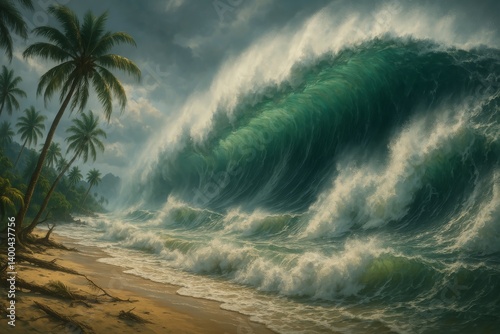 Majestic Wave Crashing on Tropical Beach Surrounded by Palm Trees Under Drama...