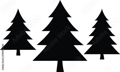Three Silhouette Pine Trees Evergreen Forest on White Background Holiday Season