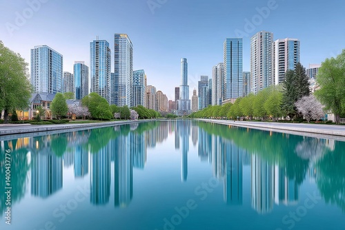 A city skyline view across the river with reflections on water