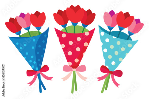 Three Tulip Bouquets with Polka Dot Wrappers and Decorative Bows
