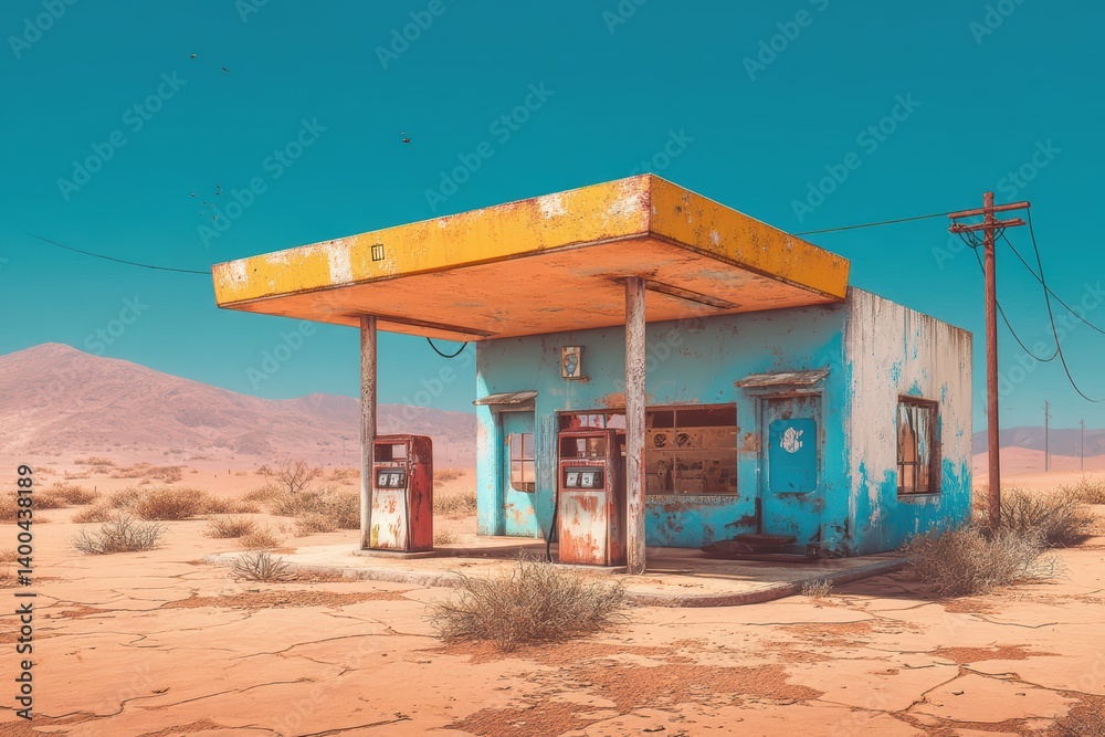 Obraz premium Abandoned gas station in a desert wasteland, showcasing decay and historical remnants of a bygone era