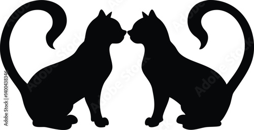 Two Black Cats Silhouette with Tails Curled in Heart Shape Facing Each Other on Transparent