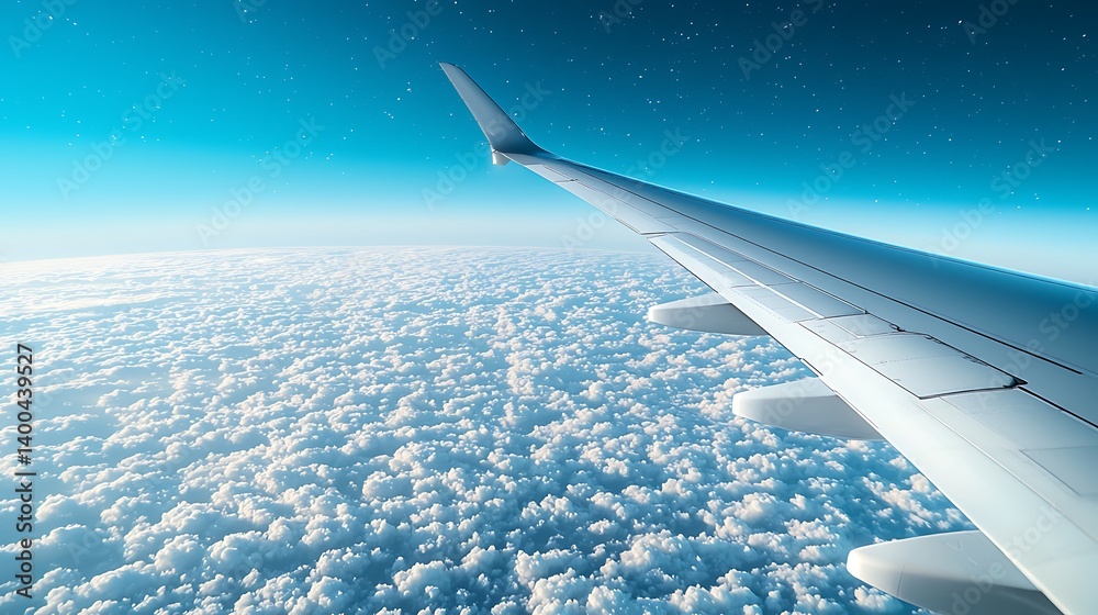 Obraz premium High-angle view of a plane wing over a vast expanse of clouds. Cloudscape from an airplane window