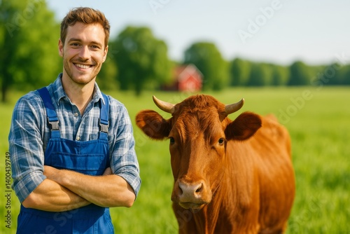 Smiling Farmer Poses With Brown Cow on Sunny Farm During Afternoon in Rural Area