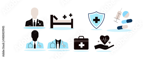 Health insurance and medical care concept. A set of wooden blocks displaying health-related icons, medical care, health insurance, and medication. healthcare services, protection, 