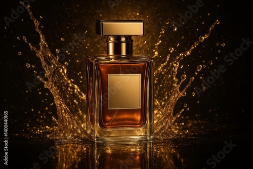 Golden Perfume Bottle With Splashes Against a Dark Background in a Creative S...