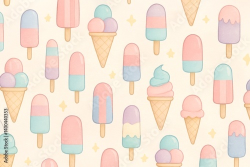 Colorful Ice Cream Cones Arranged in a Playful Pattern With Pastel Tones on a Light Background