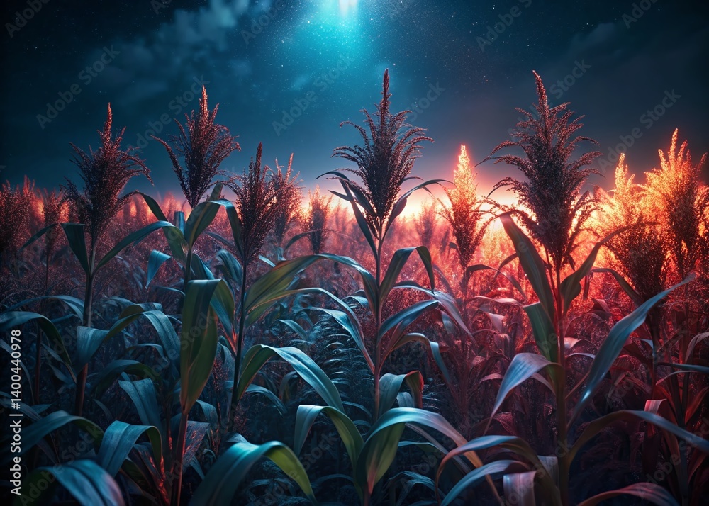 Low Light Sorghum Field, Dramatic Night Photography, Rural Scene, Grain Crop
