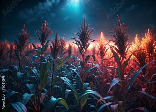 Obraz na płótnie Low Light Sorghum Field, Dramatic Night Photography, Rural Scene, Grain Crop w salonie