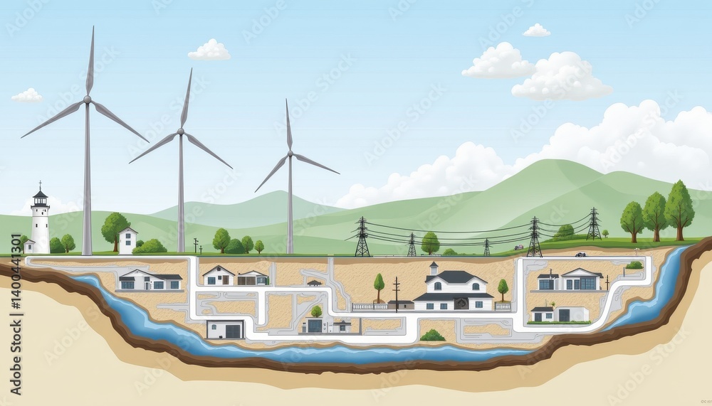 Obraz premium A high resolution cutaway diagram showing the entire process from power generation through wind turbines to the final distribution via an electrical substation.