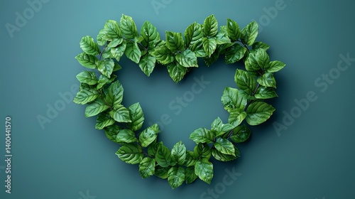 Green Leaves Heart Shape Nature Eco Friendly Botanical Design Lush Greenery Teal Background Spring Summer Fresh Plants Romantic Love Organic