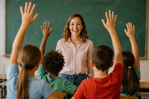 Engaged Students Discuss in Class With a Smiling Teacher in a Vibrant Learnin...