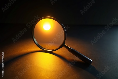 Low Light Photography: Black Magnifying Glass & Yellow Sun - Stock Photo