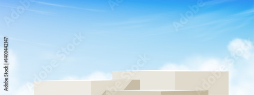 Sky Blue,Cloud Background,Brown Podium Platform Step with Shadow,Minimal 3d Display for Summer Banner Design of Cosmetic Product Present,Vector Scene Nature Landscape of Spring Sky and Building wall