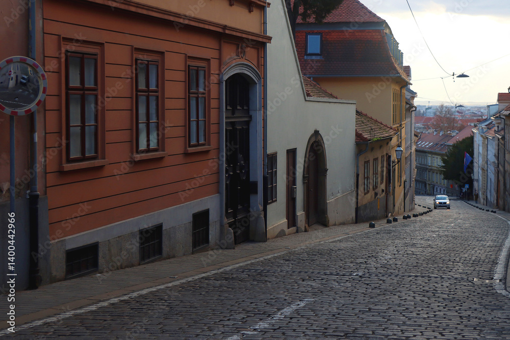 Colorful historic buildings in central Zagreb, Croatia.