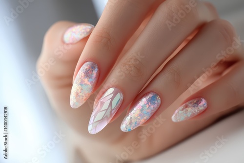 Elegant female hand with intricate nail art featuring geometric patterns and shimmering accents