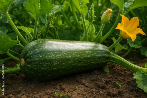 Fresh Zucchini Growing in a Garden Surrounded by Green Leaves and Blossoms