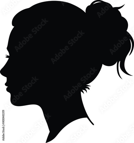 Woman Silhouette Profile with Hair Bun, Elegant Hairstyle on Transparent Background