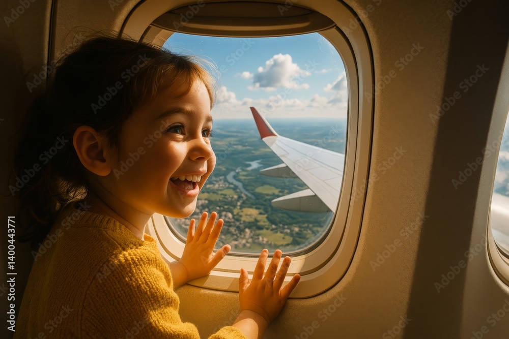 Young Girl Enjoying the View From an Airplane Window During a Sunny Flight Over Green Landscapes Young Girl Enjoying the View From an Airplane Window During a Sunny Flight Over Green Landscapes