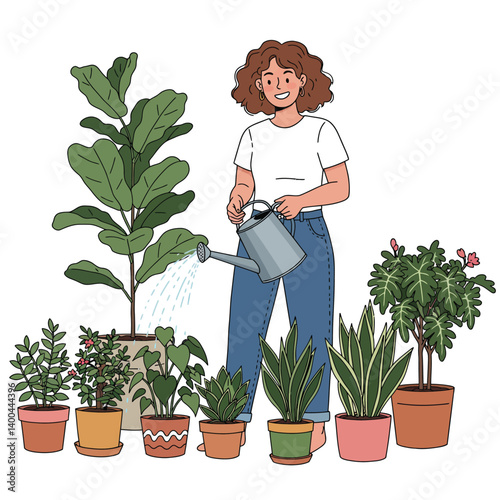 Happy Woman Watering Her Houseplants Indoor Gardening Illustration