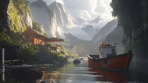 Serene Mountain Lake Escape: A Fishing Boat Docked near a Tranquil House