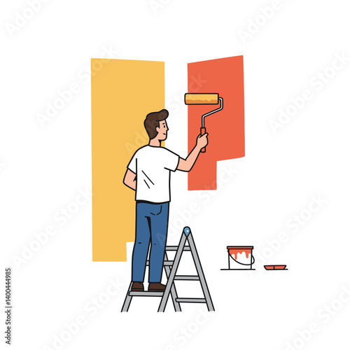 Man Painting Wall with Roller, Home Improvement Project