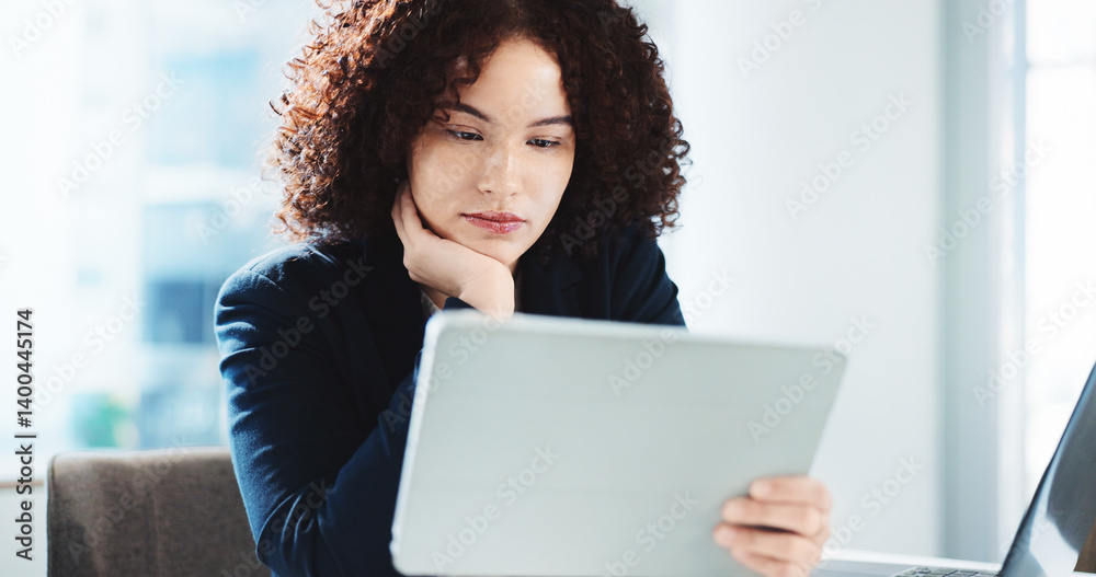 Thinking, tablet and reading with business woman in office for problem solving, financial advisor and client solution. Online report, reflection and accounting audit with person for investor decision Thinking, tablet and reading with business woman in office for problem solving, financial advisor and client solution. Online report, reflection and accounting audit with person for investor decision