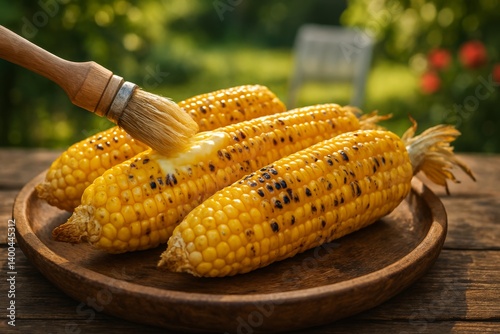 Grilled Corn on a Wooden Plate With Butter and Herbs in a Sunny Garden Setting