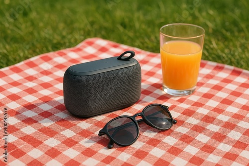 Enjoying a Sunny Picnic With Refreshing Juice and Music in a Park