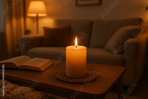 Soft Candlelight Illuminates Cozy Living Room With a Cup of Tea and a Book in...