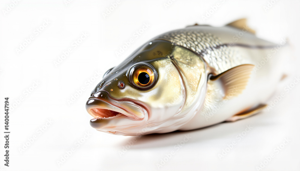 Detailed close-up of fish head showcasing scales and eyes, marine beauty Detailed close-up of fish head showcasing scales and eyes, marine beauty