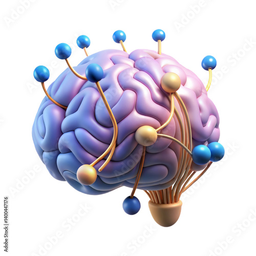 3D Icon of Glowing Brain with Neural Nodes and Digital Circuits Isolated on White Background