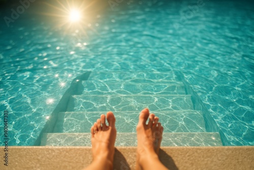 Enjoying Sunlight by the Poolside With Feet in Clear Blue Water During a Summ...