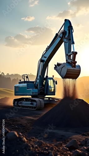 Obraz na płótnie Close-Up of Excavator Digging at Construction Site – Heavy Equipment Earthmoving Scene
w salonie