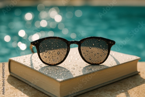 Reflections of a Sunny Day With Sunglasses on a Wet Book Near a Sparkling Pool