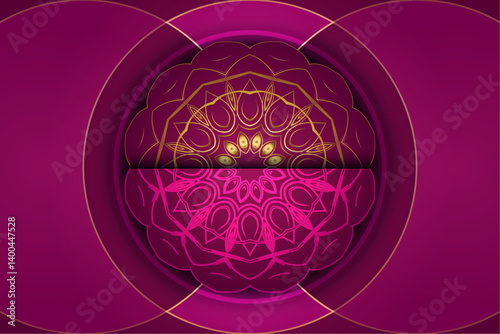 Radiating mandala design with interconnected pink and gold patterns and dark contrast

