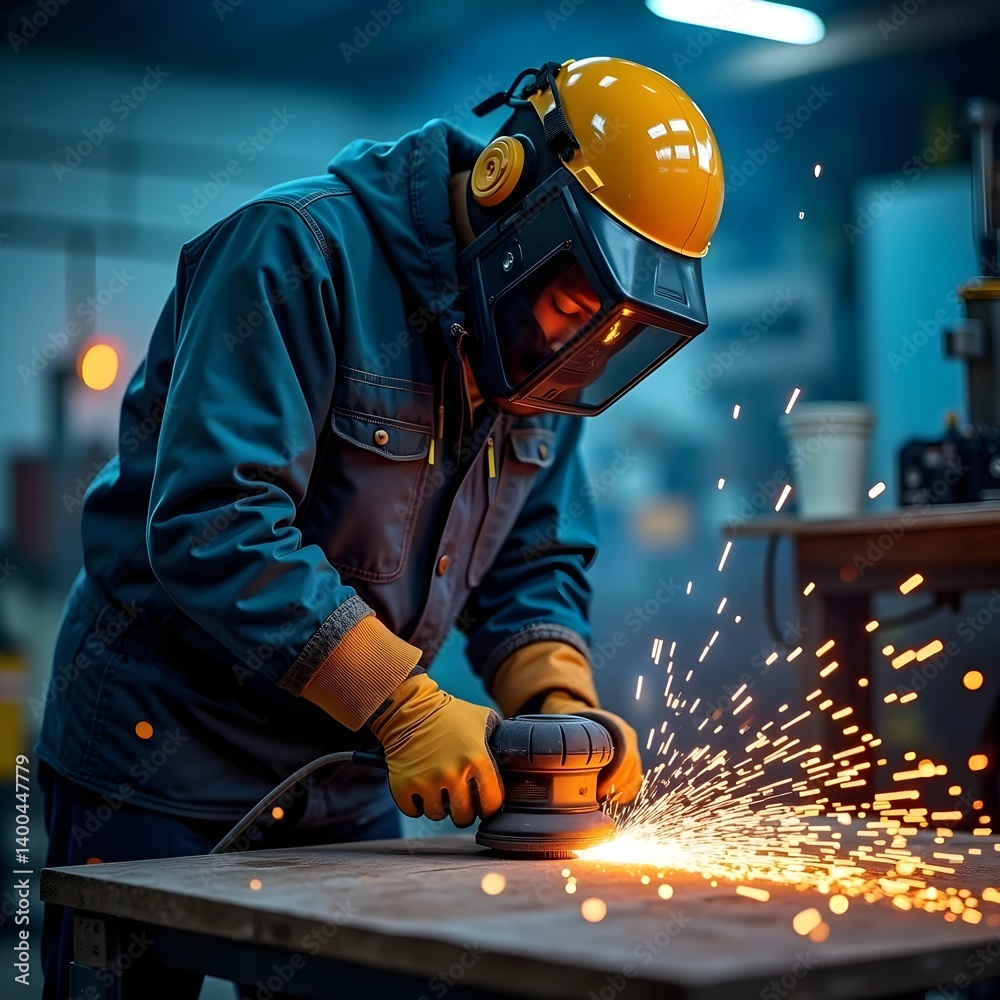 Locksmith Grinding Metal with Sparks – Industrial Worker in Protective Gear