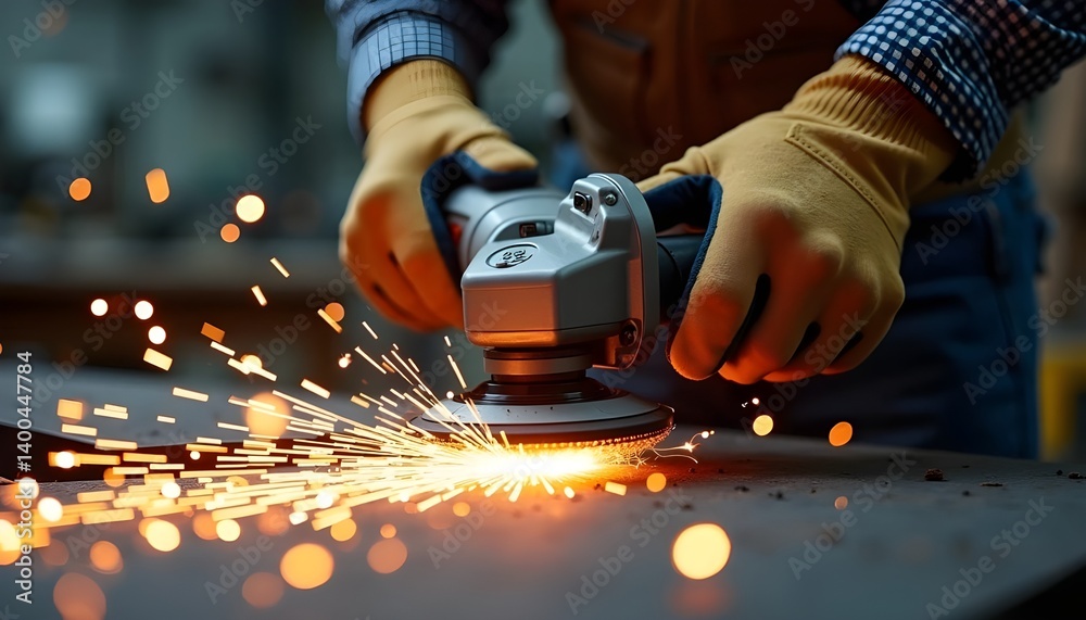 Locksmith Grinding Metal with Sparks – Industrial Worker in Protective Gear