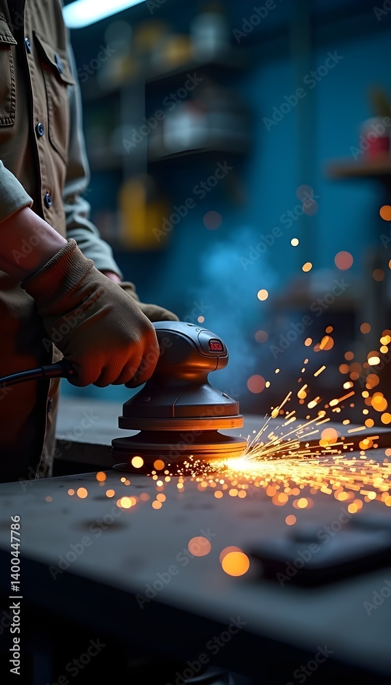 Locksmith Grinding Metal with Sparks – Industrial Worker in Protective Gear