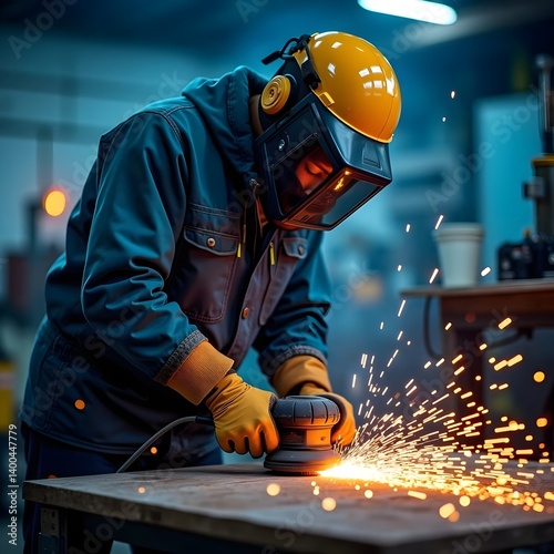Obraz na płótnie Locksmith Grinding Metal with Sparks – Industrial Worker in Protective Gear
w salonie